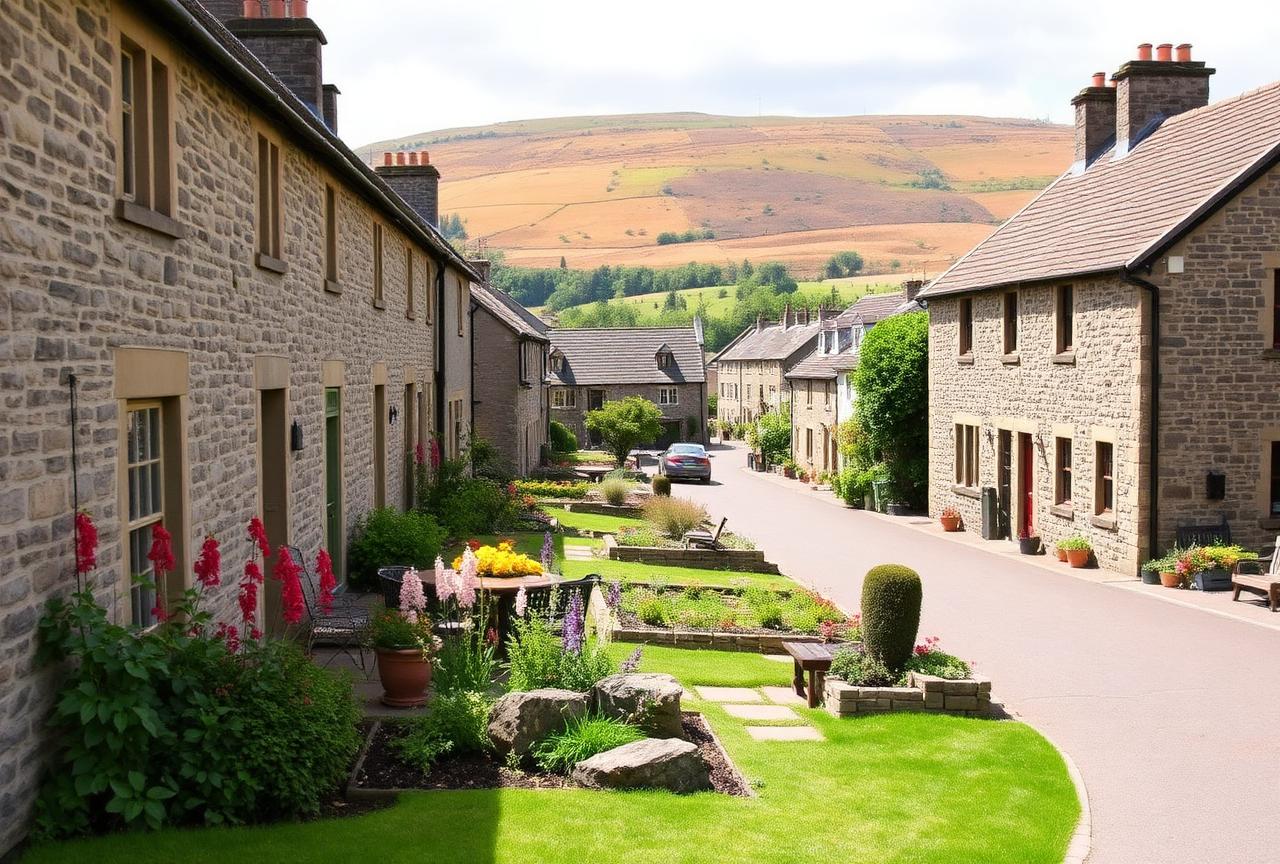 Traditional stone buildings and gardens in Beith, North Ayrshire