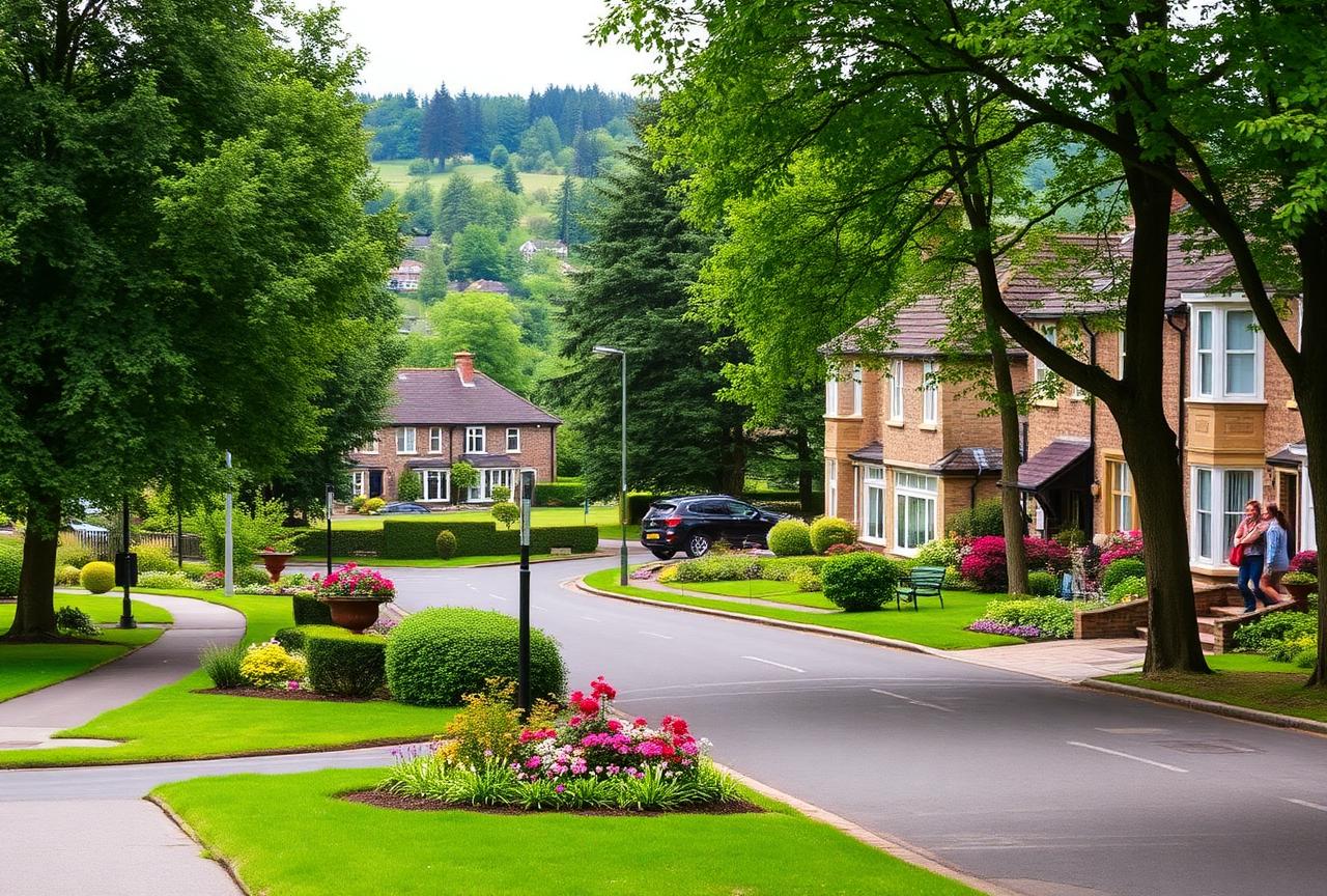 Leafy suburban streets and gardens in Milngavie, East Dunbartonshire
